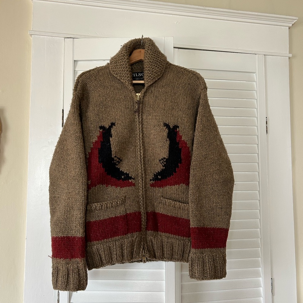 Filson Men's Brown and Red hand knit Zip-Up Cowichan Sweater